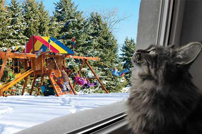 Дети играют зимой, кот наблюдает